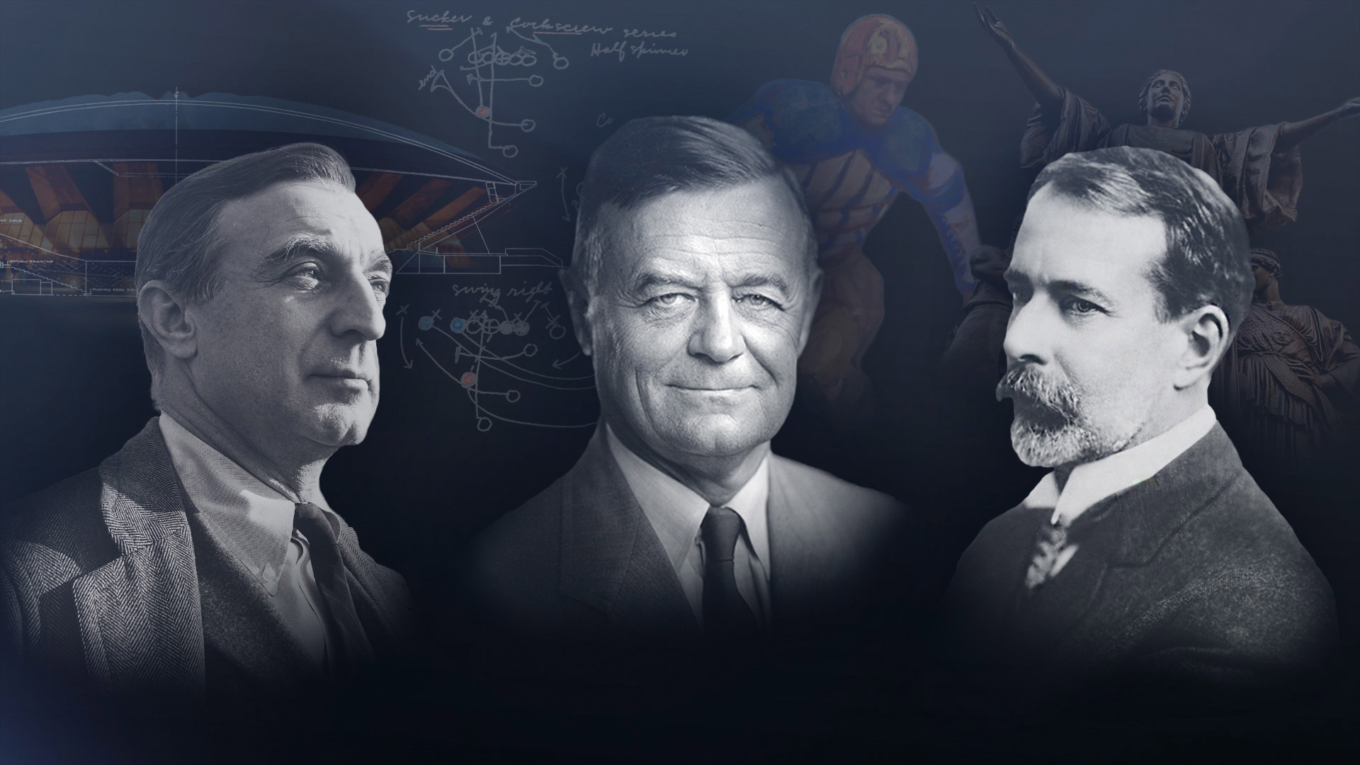 Black and white headshots of three men on a dark background.