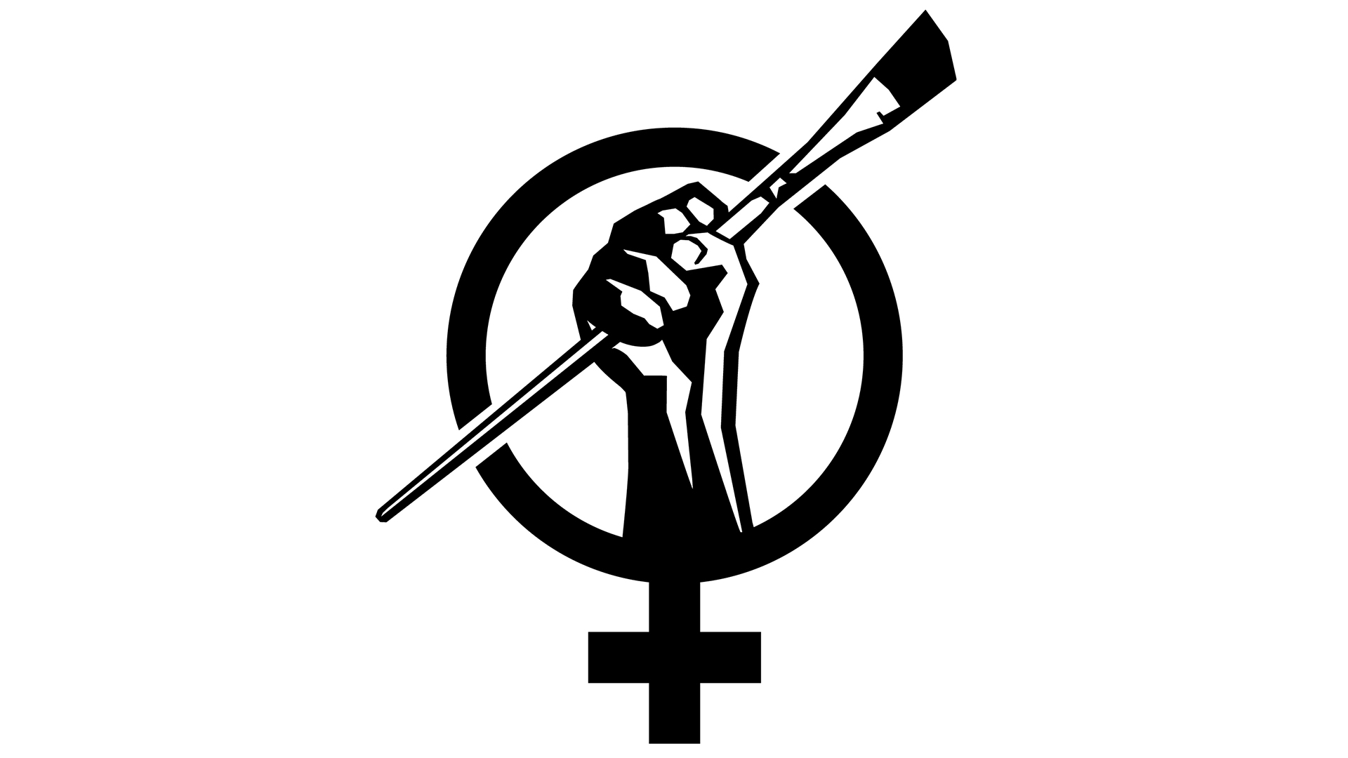 A raised fist clenched around a paintbrush wrapped within a Venus symbol.