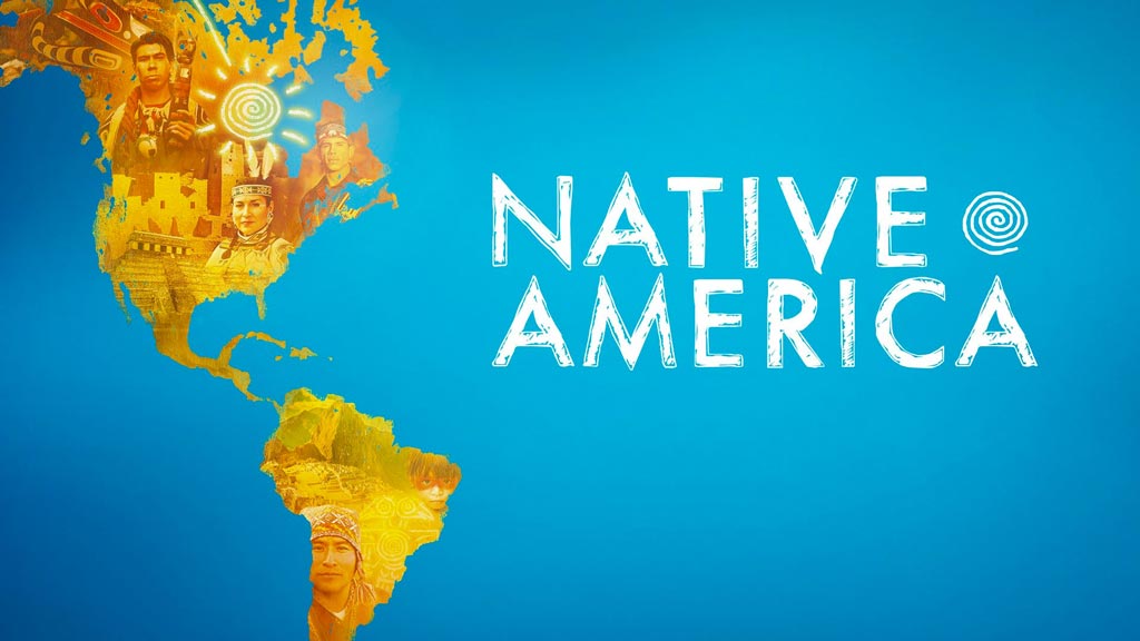Native America logo with map of the Americas superimposed with designs and people from native america.