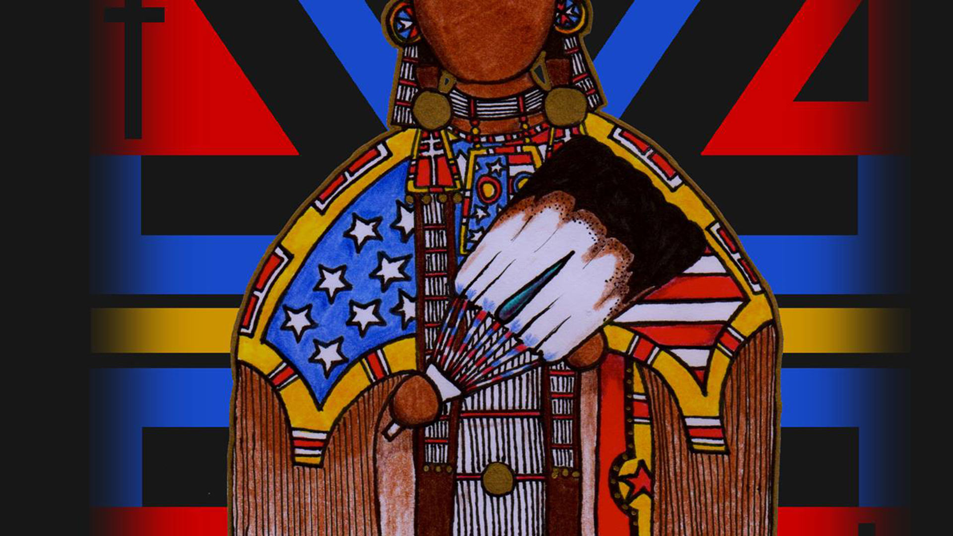 drawing of a Native American on a background filled with shapes