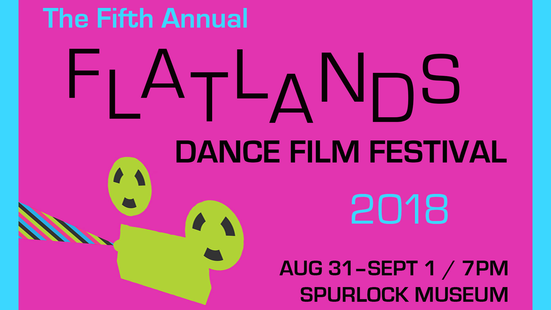 A bright-colored advertisement for the Flatlands Dance Film Festival featuring a neon-yellow cut out of a film projector.