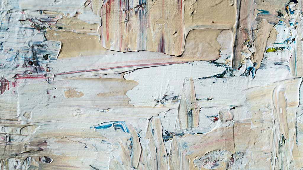 textured, thick paint in subdued neutrals scraped across a white surface