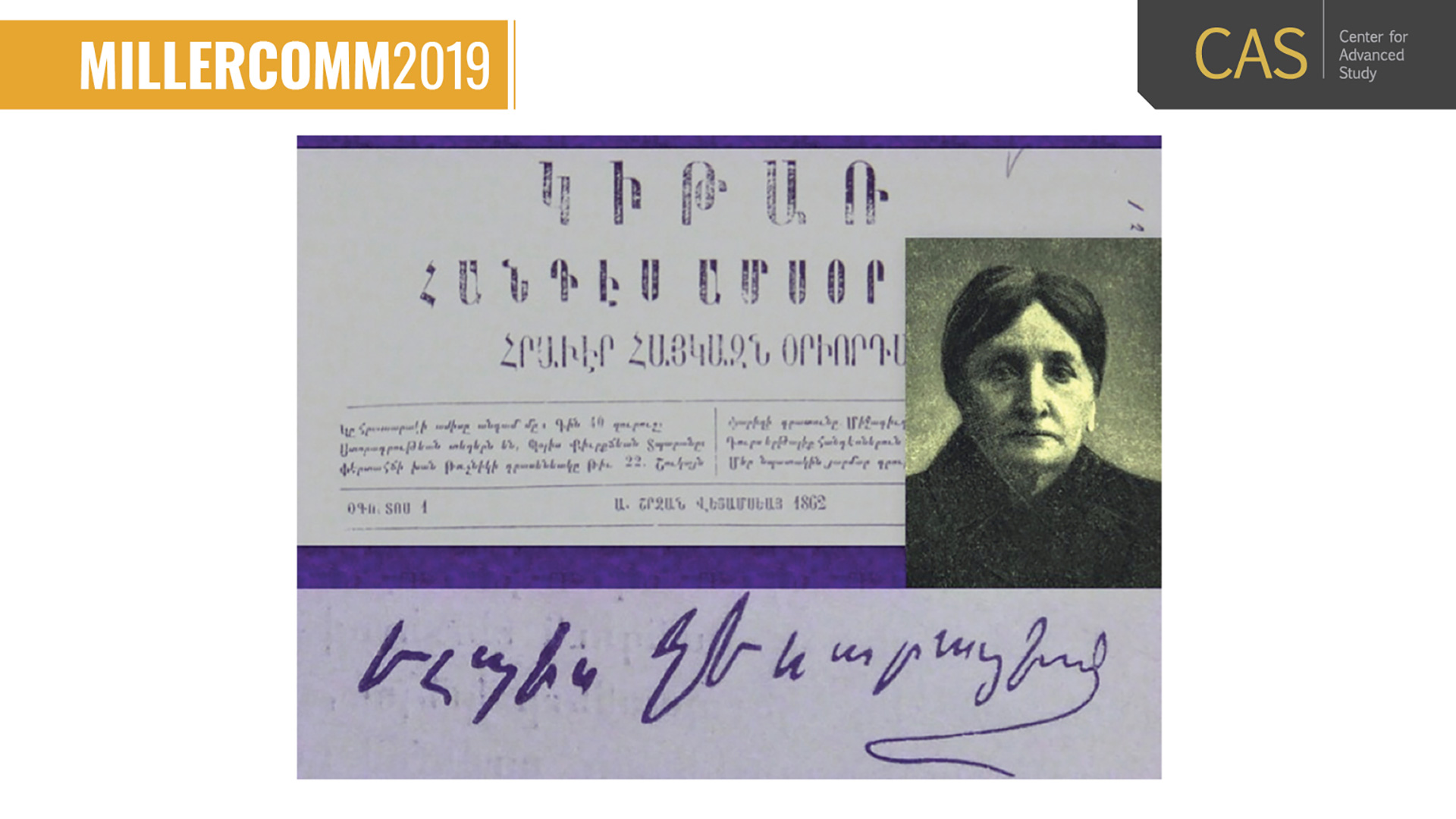 collage of vintage photo of a European woman, a signature, and Armenian script from 1862