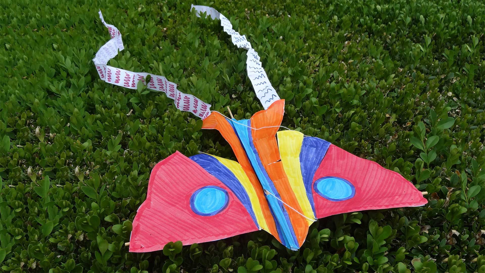 colorful bird kite with long white streamers