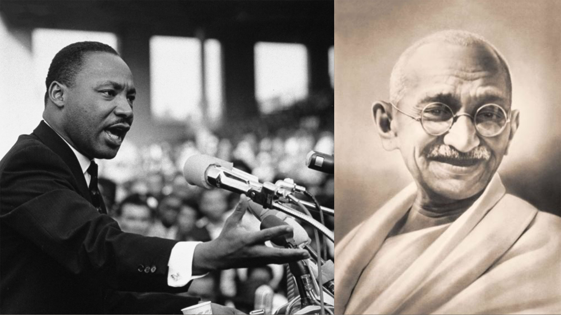 Split image of Martin Luther King Jr speaking in front of a crowd and a sepia-toned portrait sketch of Mahatma Gandhi