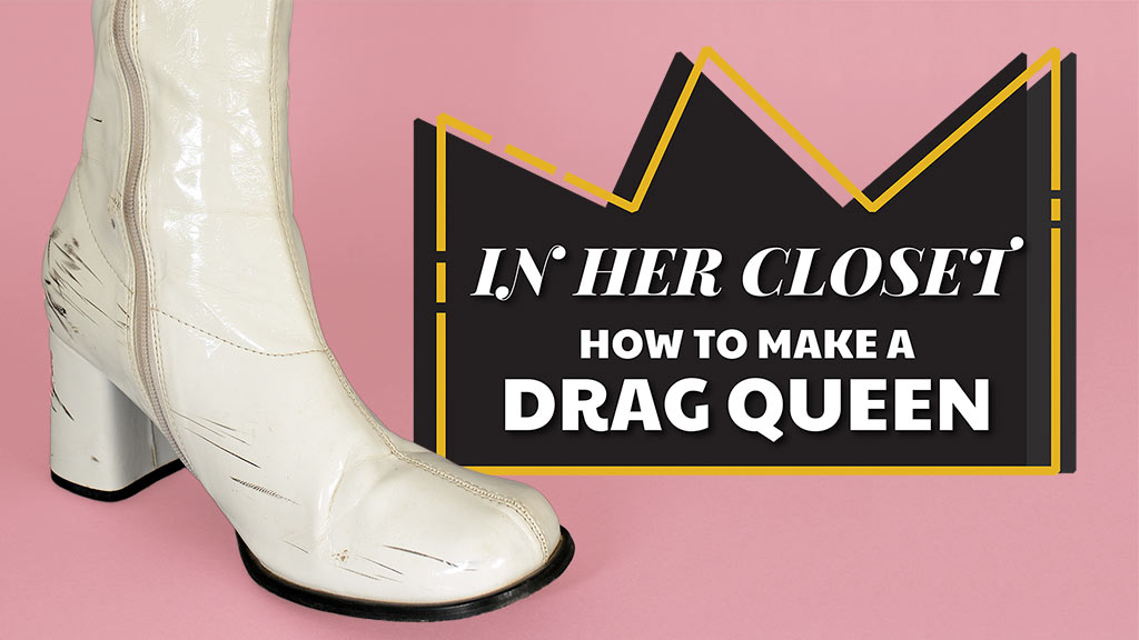 a shiny white high heel boot with scuff marks and the in her closet how to make a drag queen logo