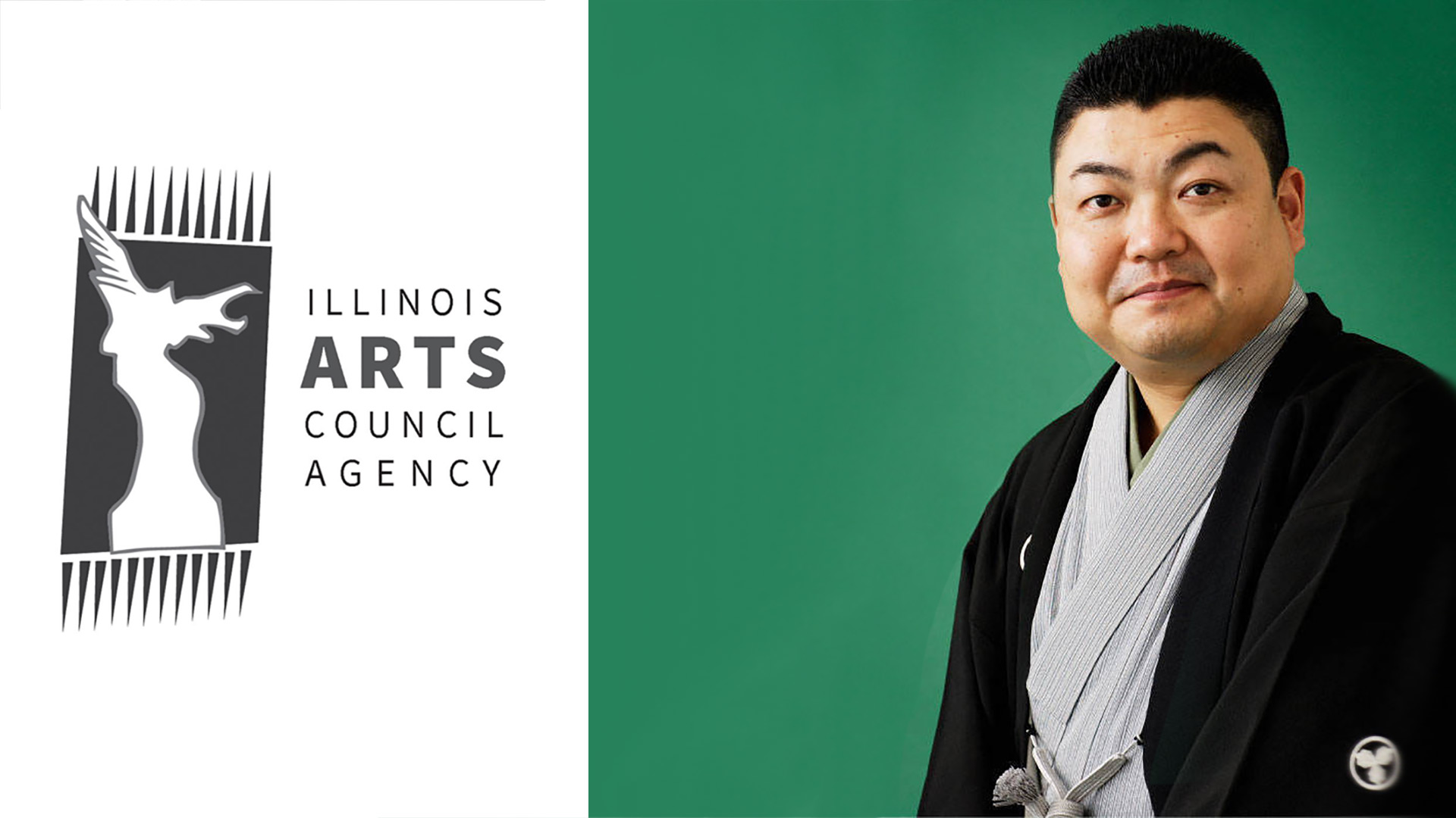 Japanese man in kimono poses for studio photo. Illinois Arts Council Agency logo.