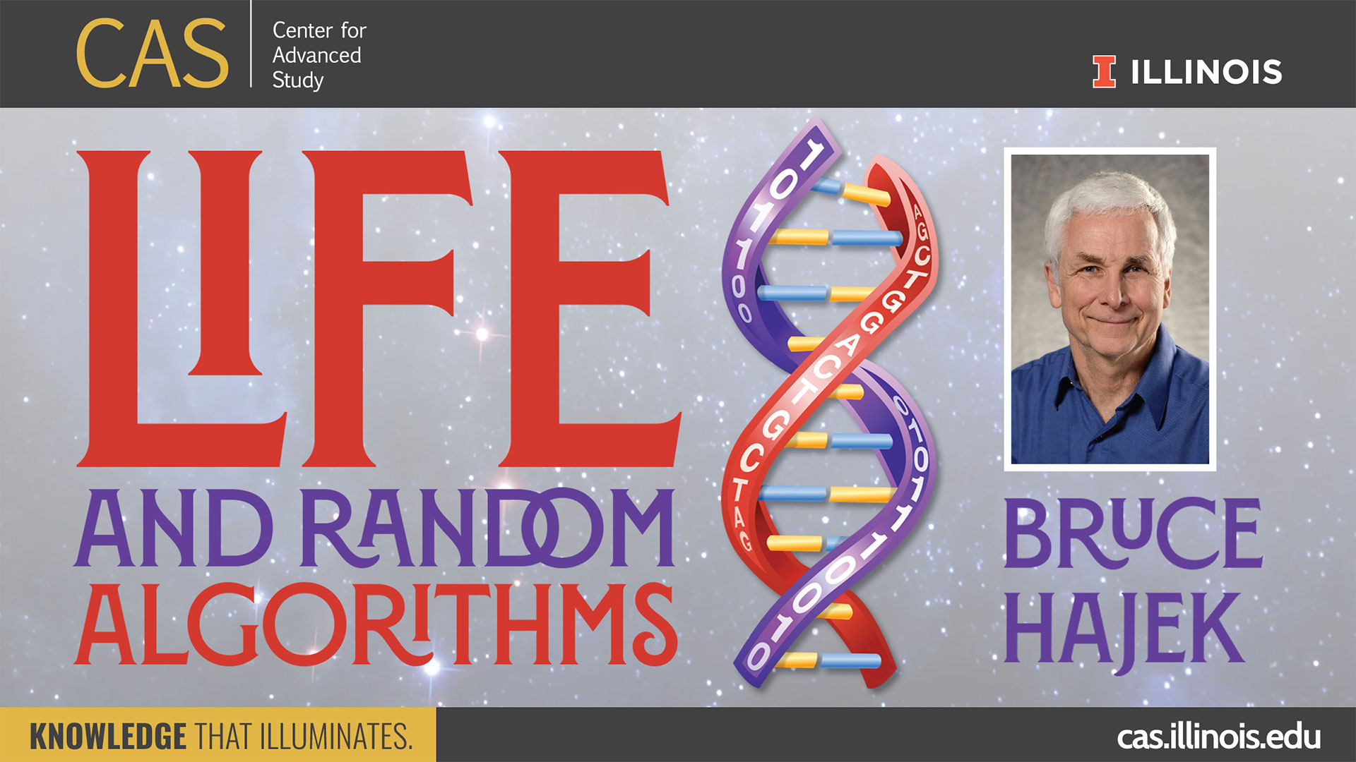 Life and Random Algorithms with DNA illustration and portrait of Bruce Hajek
