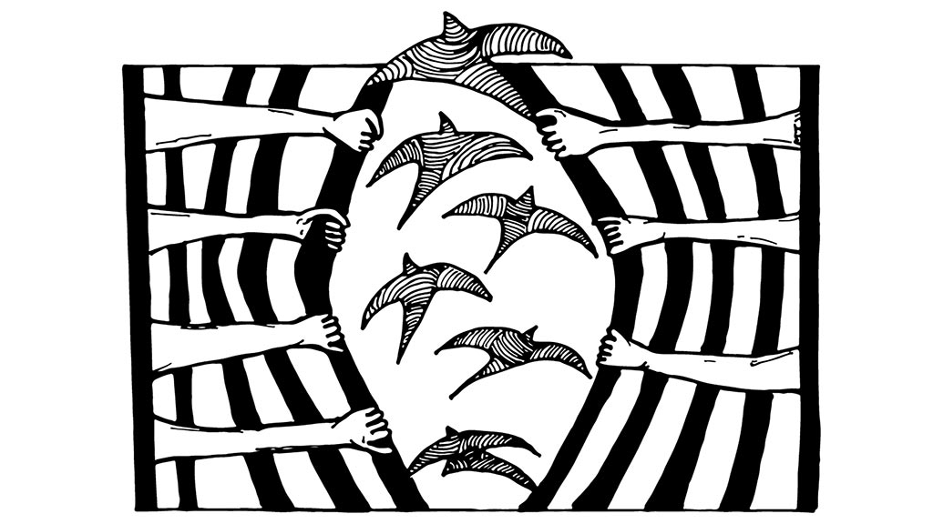 Black and white illustration of hands opening bars to release birds