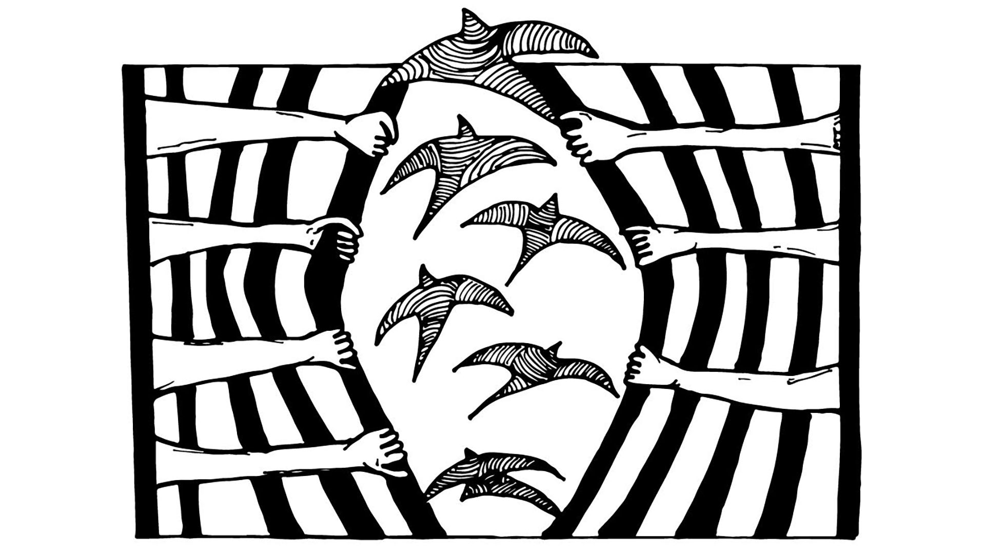 Black and white illustration of hands opening bars to release birds