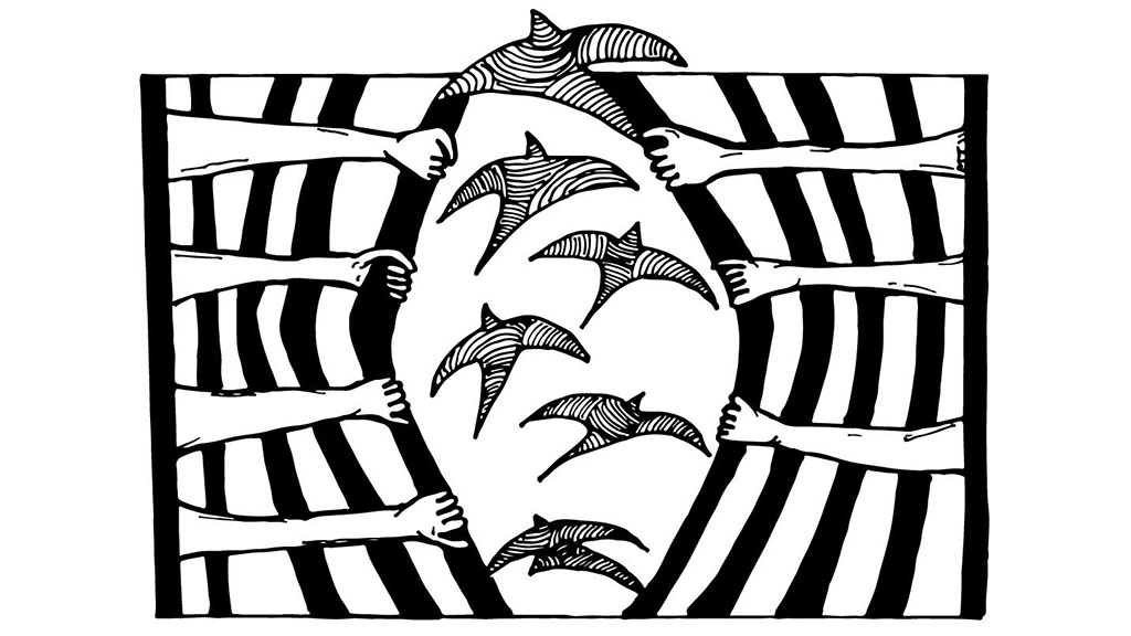 Black and white illustration of hands opening bars to release birds