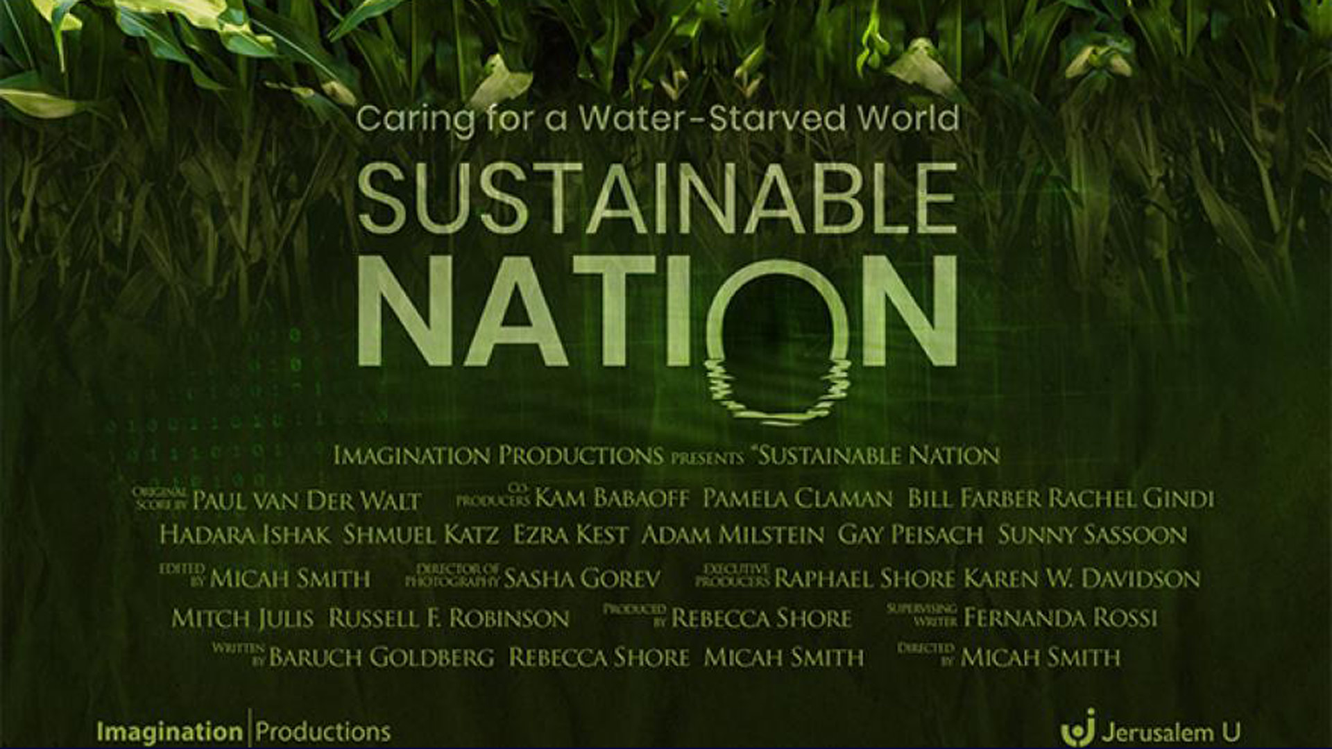 Sustainable Nation poster with credits and plants growing out of sitting water in background.