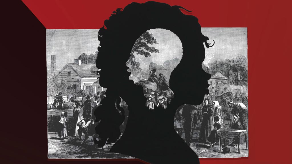 An illustration: slave face cut out of a modern African American silhouette in front of a colonial scene.