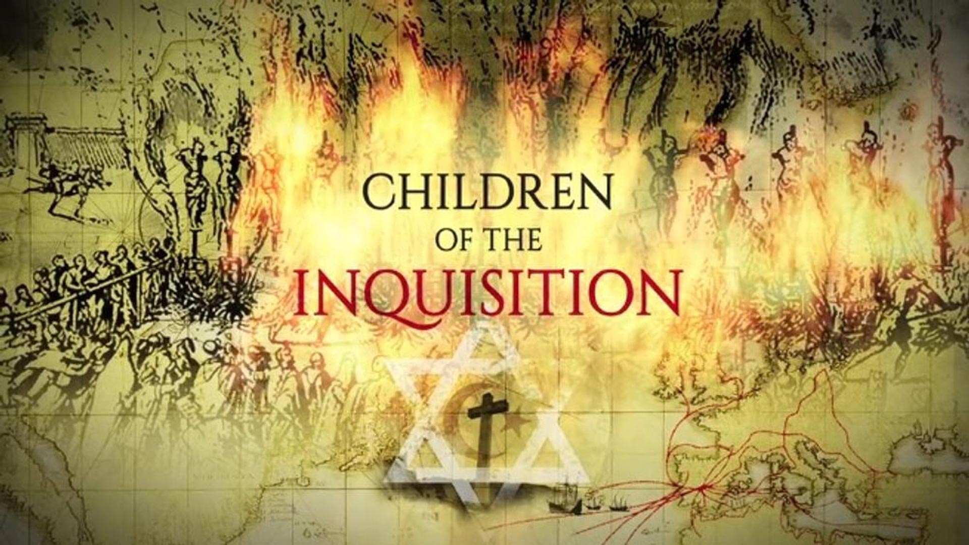 Centered is the text Children of the Inquisition, with old illistrations of the spanish inquisition burning.  A cross and star of david are below text.