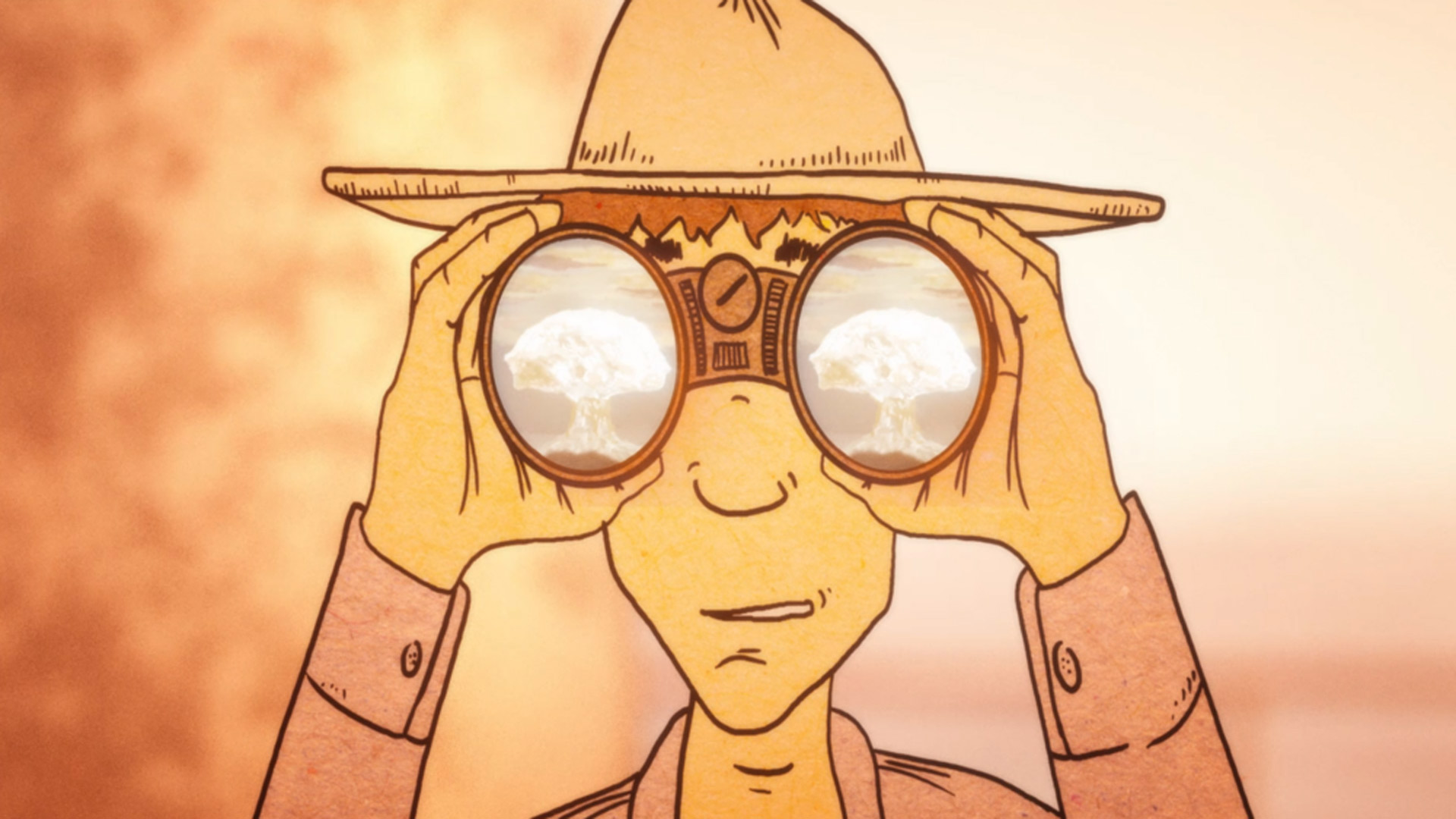 Illustration of a man watching nuclear explosion through binoculars