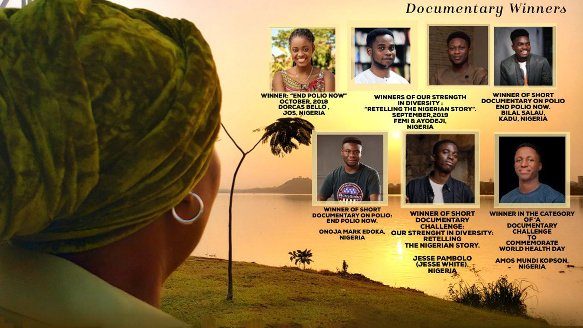 African woman looking out into a body of water.  Faces of directors and their titles are overlayed