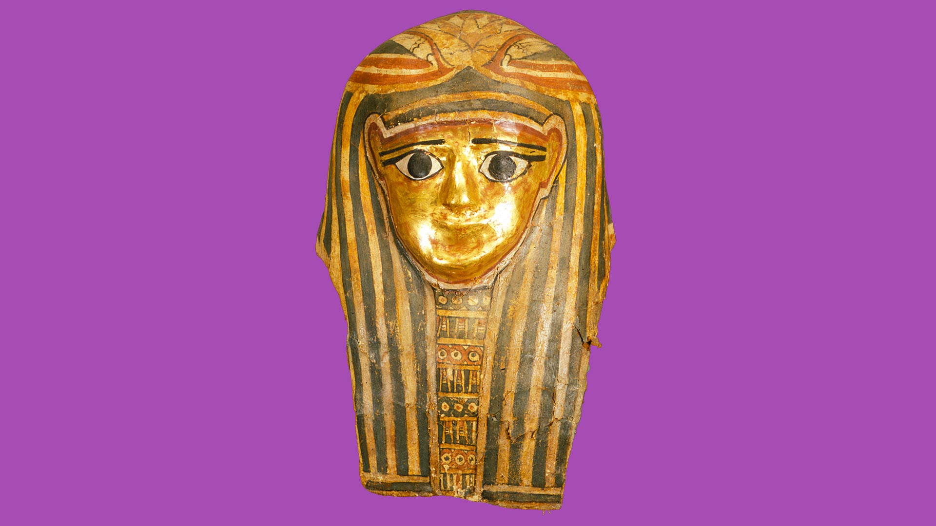 golden egyptian cartonnage face mask on purple background