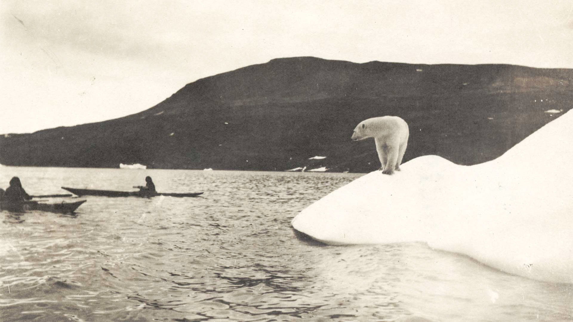 Vintage photo of a polar bear on a piece of ice looking at two people in long canoes