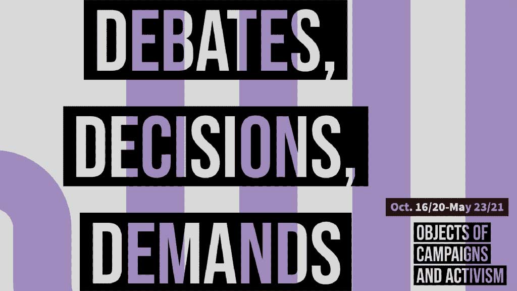 Debates Decisions and Demands logo with purple and white stripes
