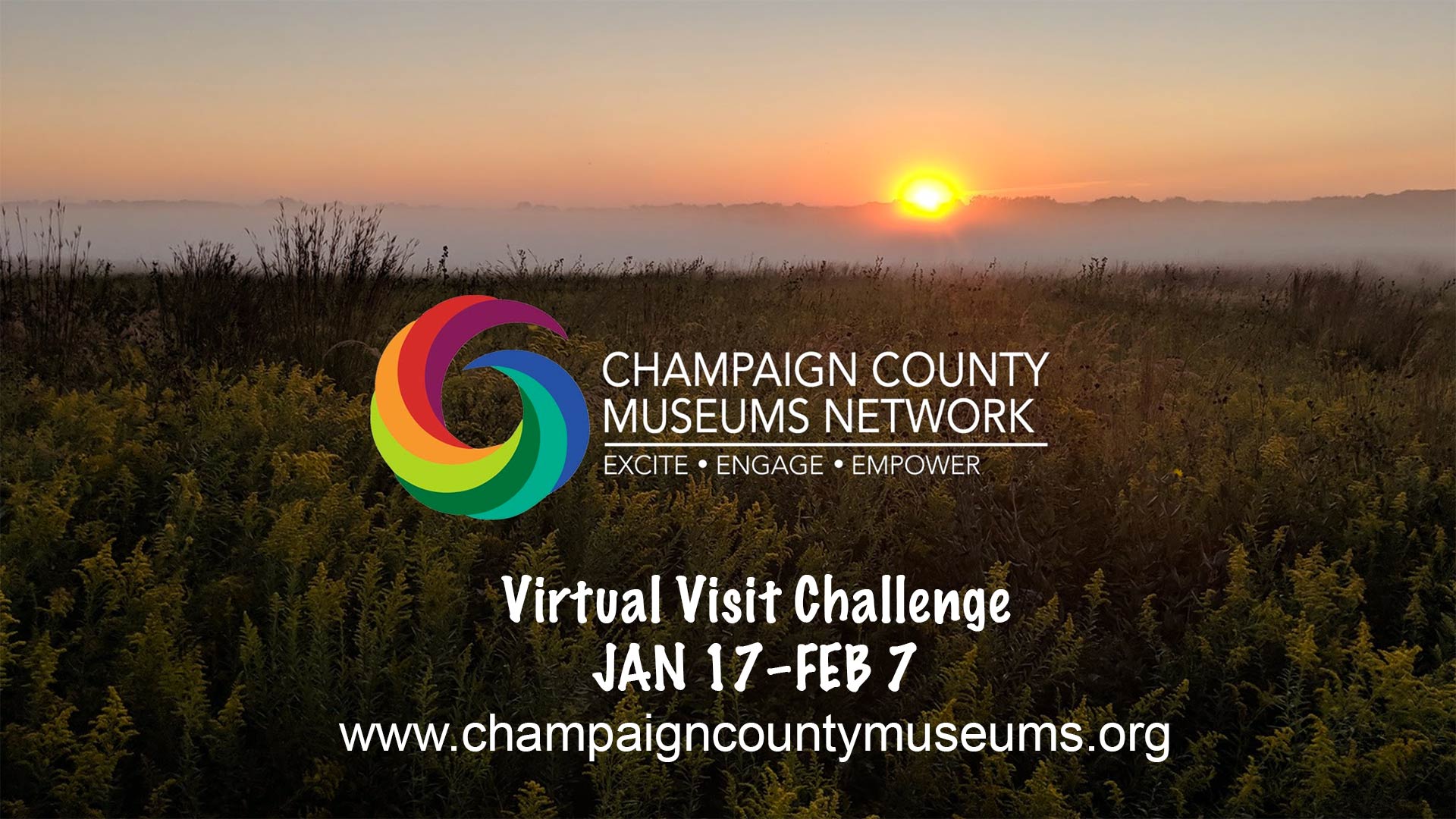 CCMN logo over prairie sunset image with Virtual Visit Challenge text superimposed