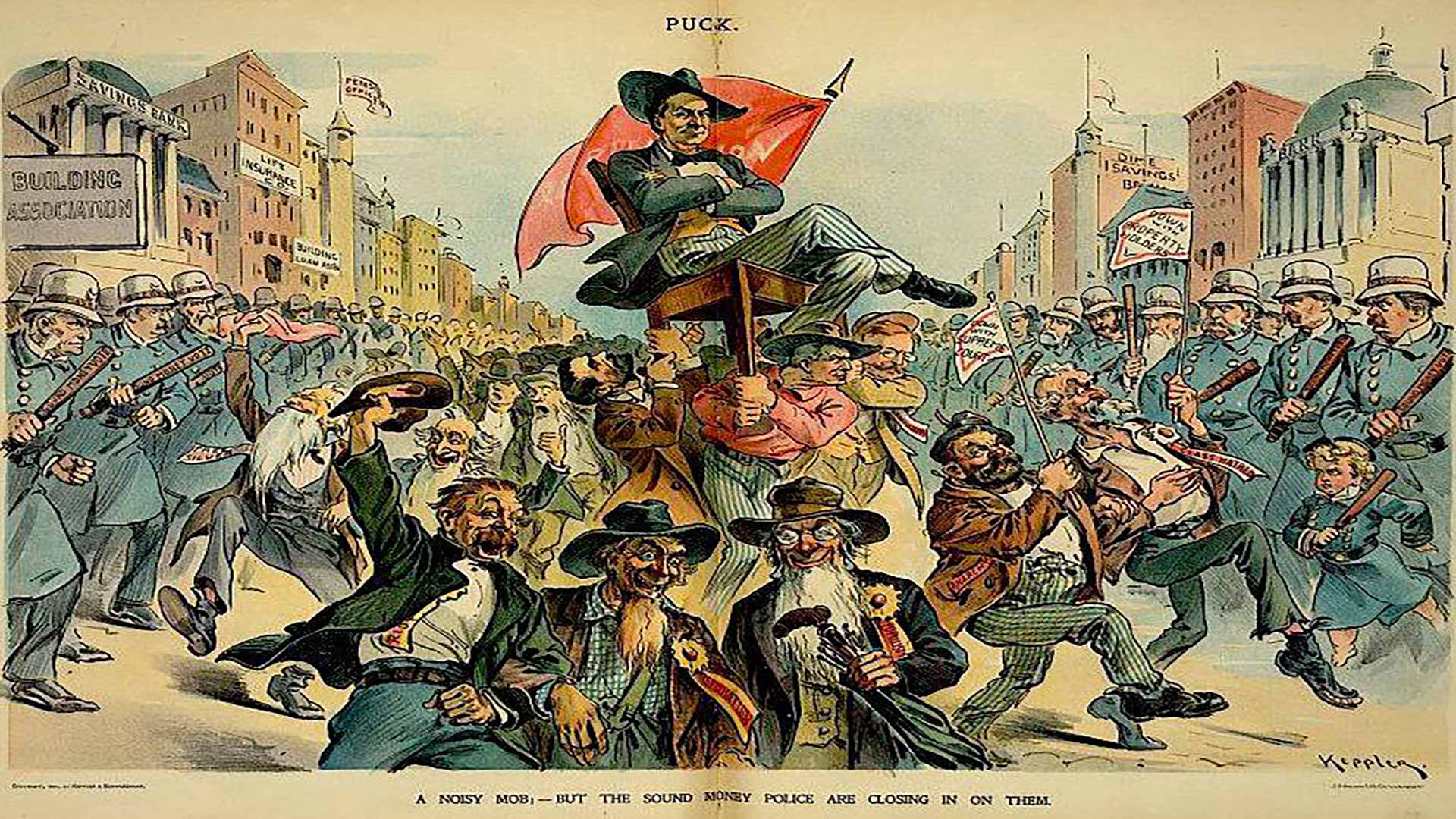 archival political cartoon depicting a crowded street with a man being carried on a chair as police look on menacingly