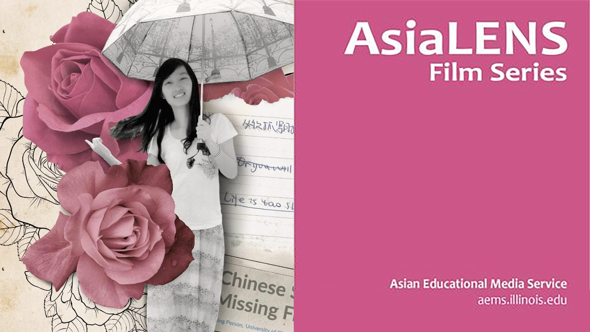 Girl standing with umbrella in front of wall with flowers