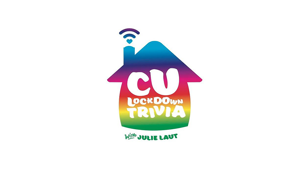 A rainbow colored house with CU lockdown trivia on it