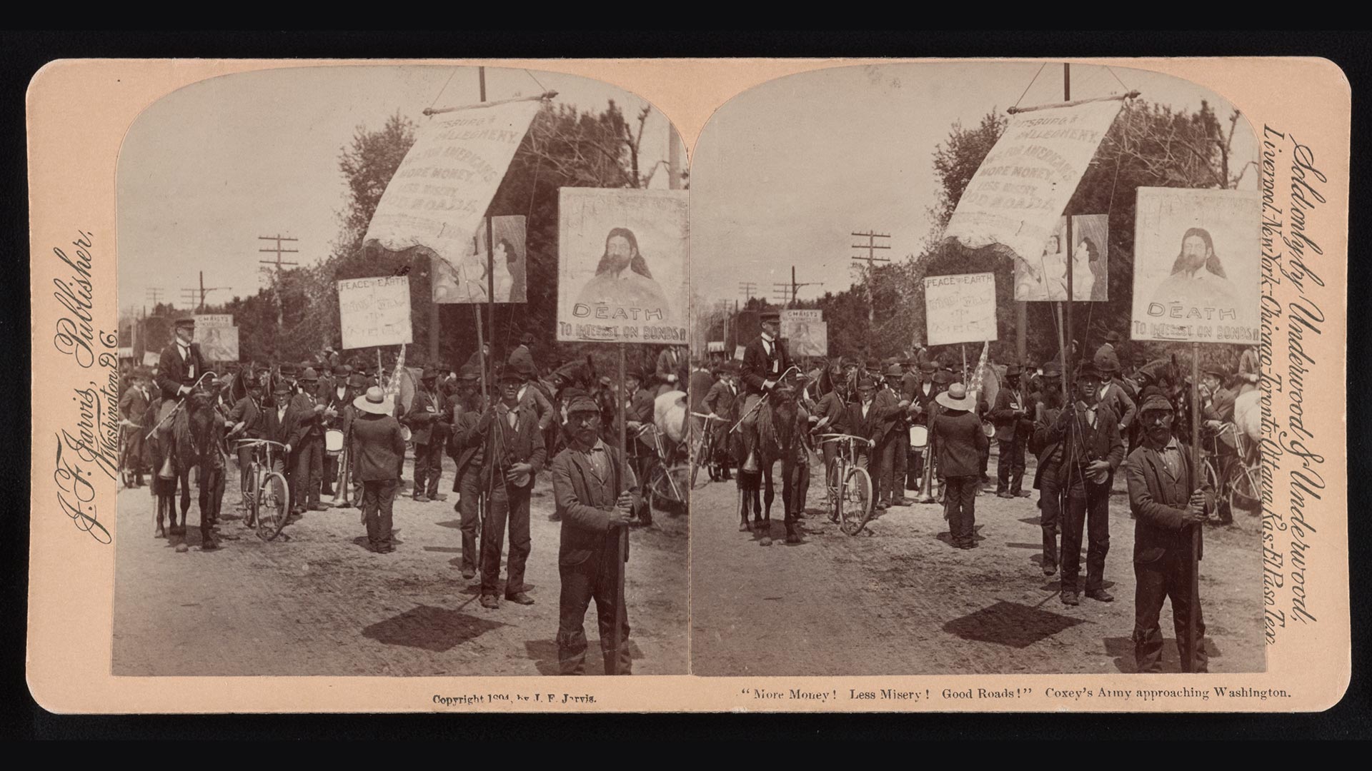 Banner that reads; Debates, Decisions, Demands; in front of a striped purple background