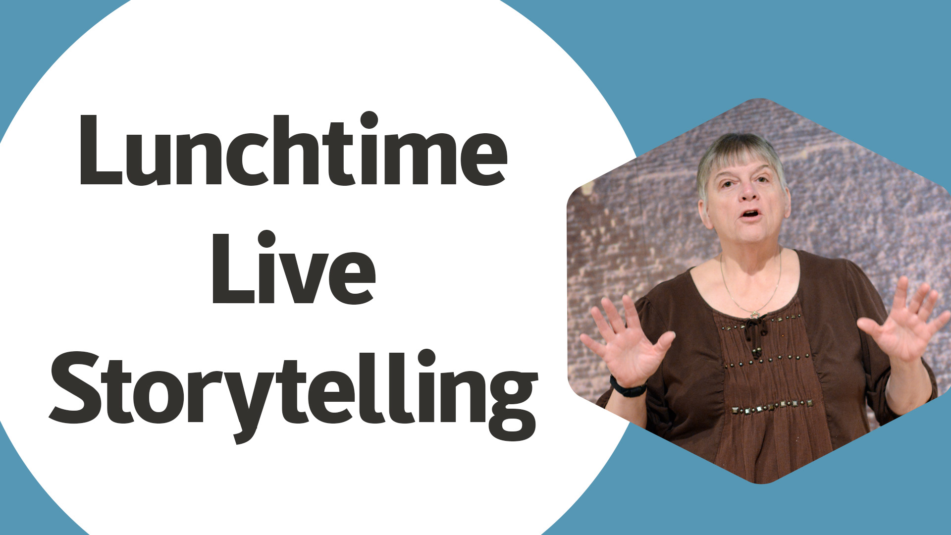 Lunchtime Live Storytelling with woman holding hands up and telling a story to the camera