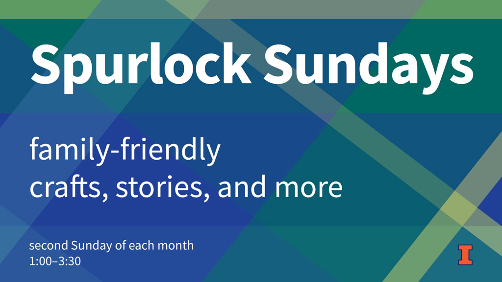 text saying "Spurlock Sundays family-friendly crafts, stories, and more second Sunday of each month 1:00-3:00" against a plaid patterned background