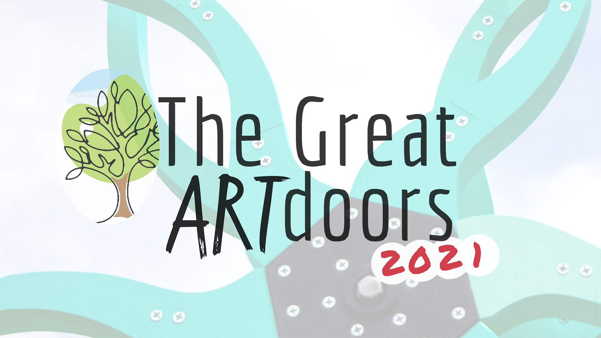 A drawing of a tree with the words 'The Great ARTdoors 2021' in front of a sculpture 