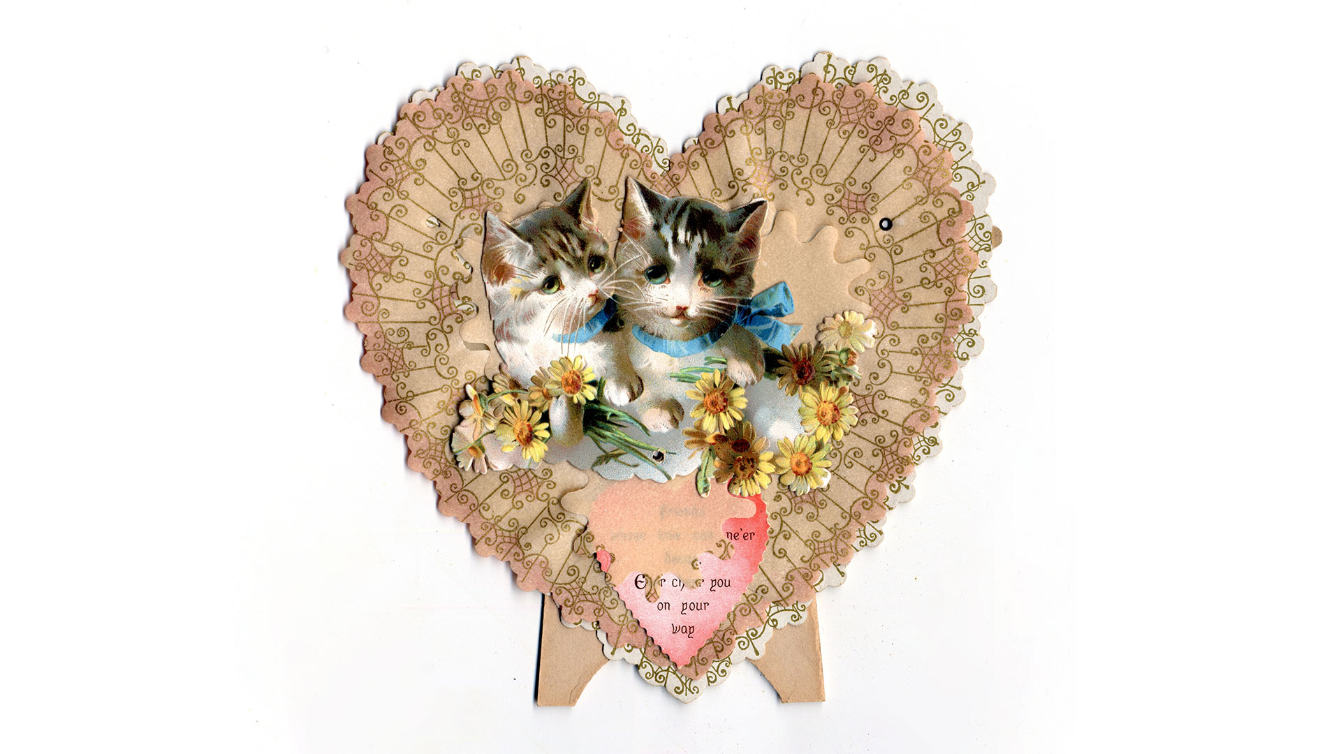 vintage valentine in the shape of heart with two kittens wearing bows