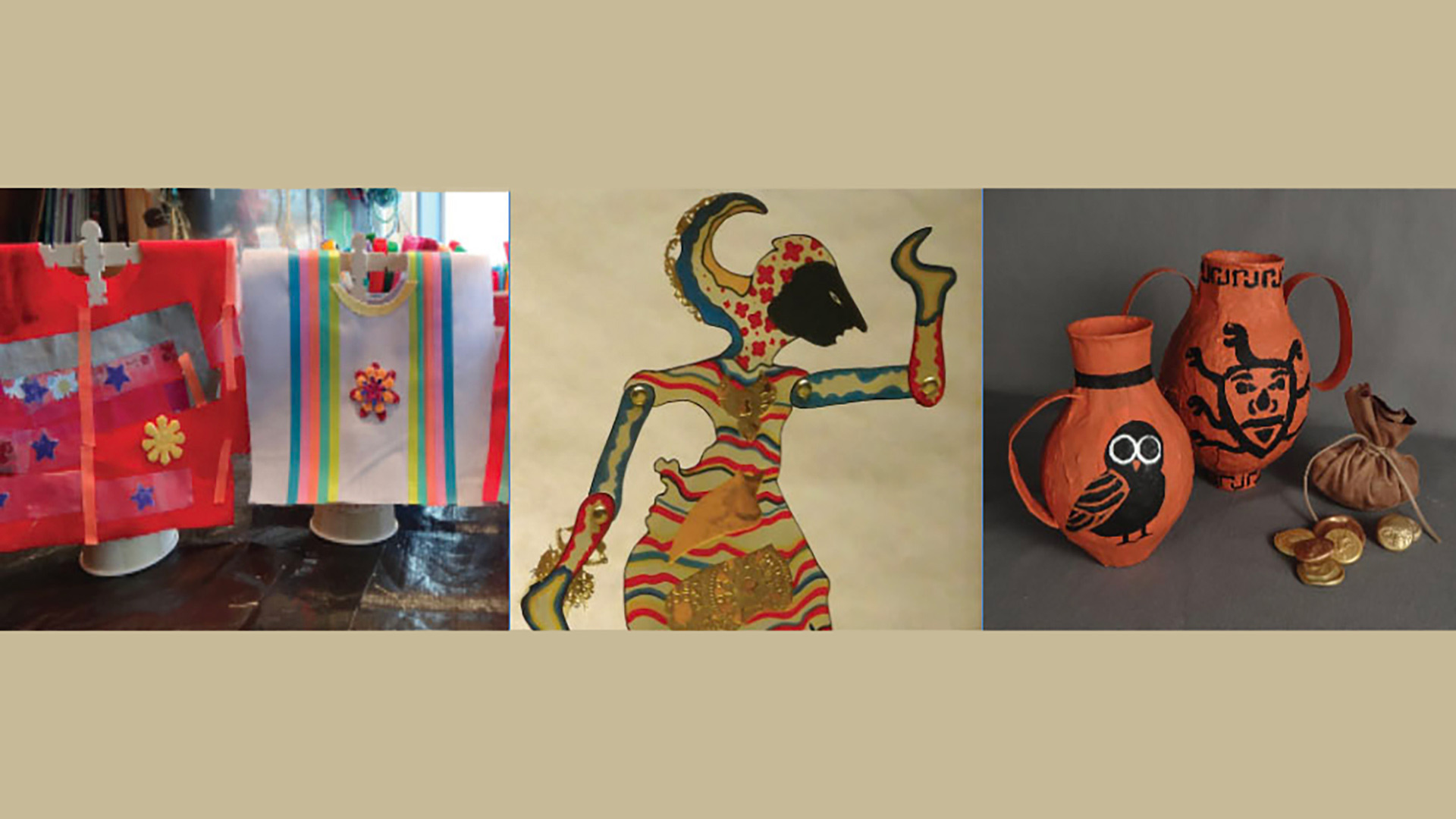 Artifacts including textiles, a painting of a woman, pottery, and coins 