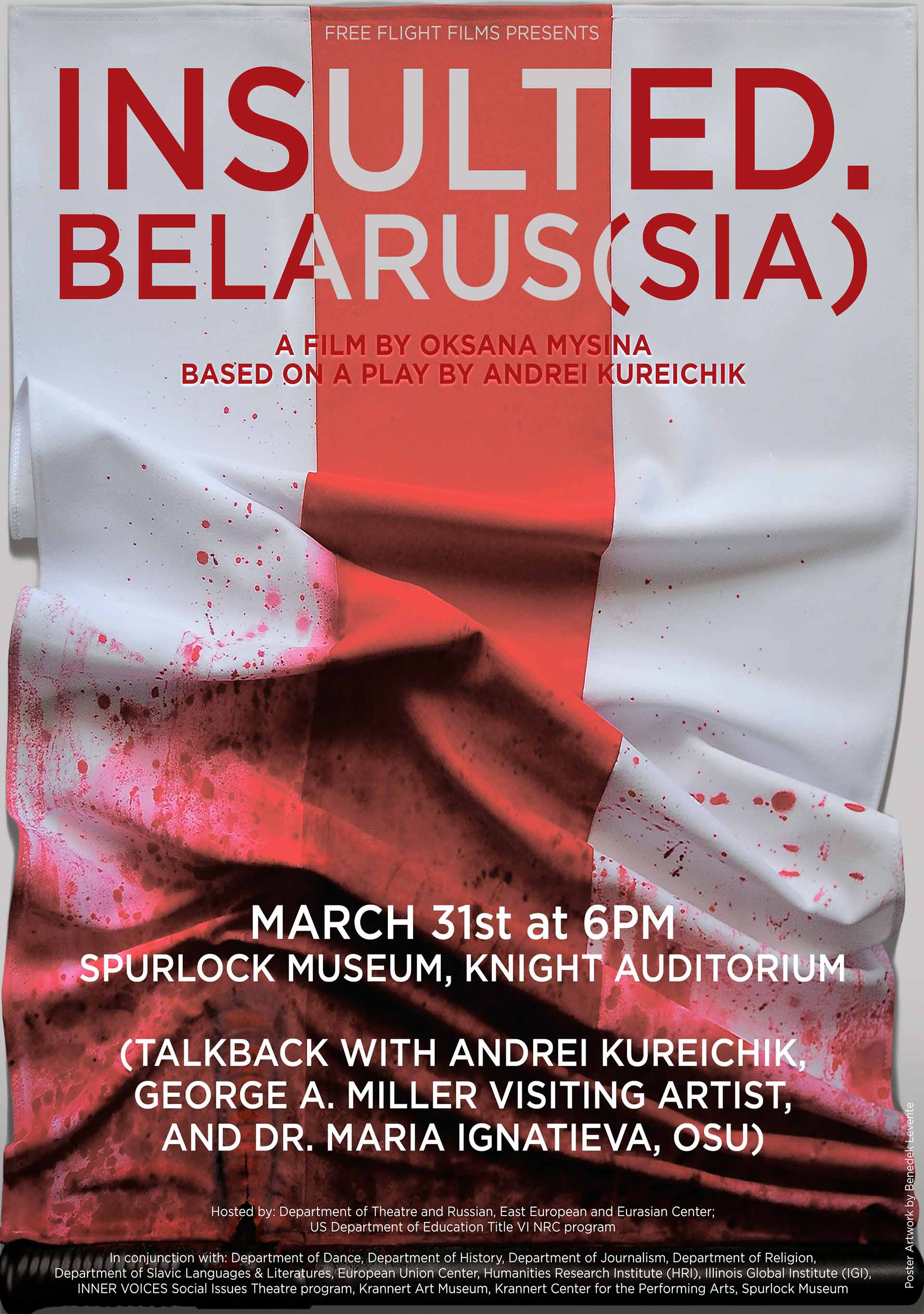 Full event poster with details repeated elsewhere in this listing on a red/white flag that becomes bloodstained and wrinkled
