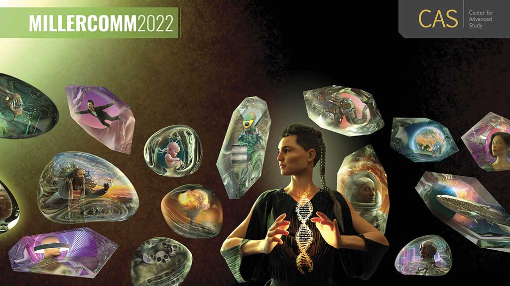 a computer-generated woman holding a strand of DNA surrounded by crystal-like structures with various earth and life images inside of them