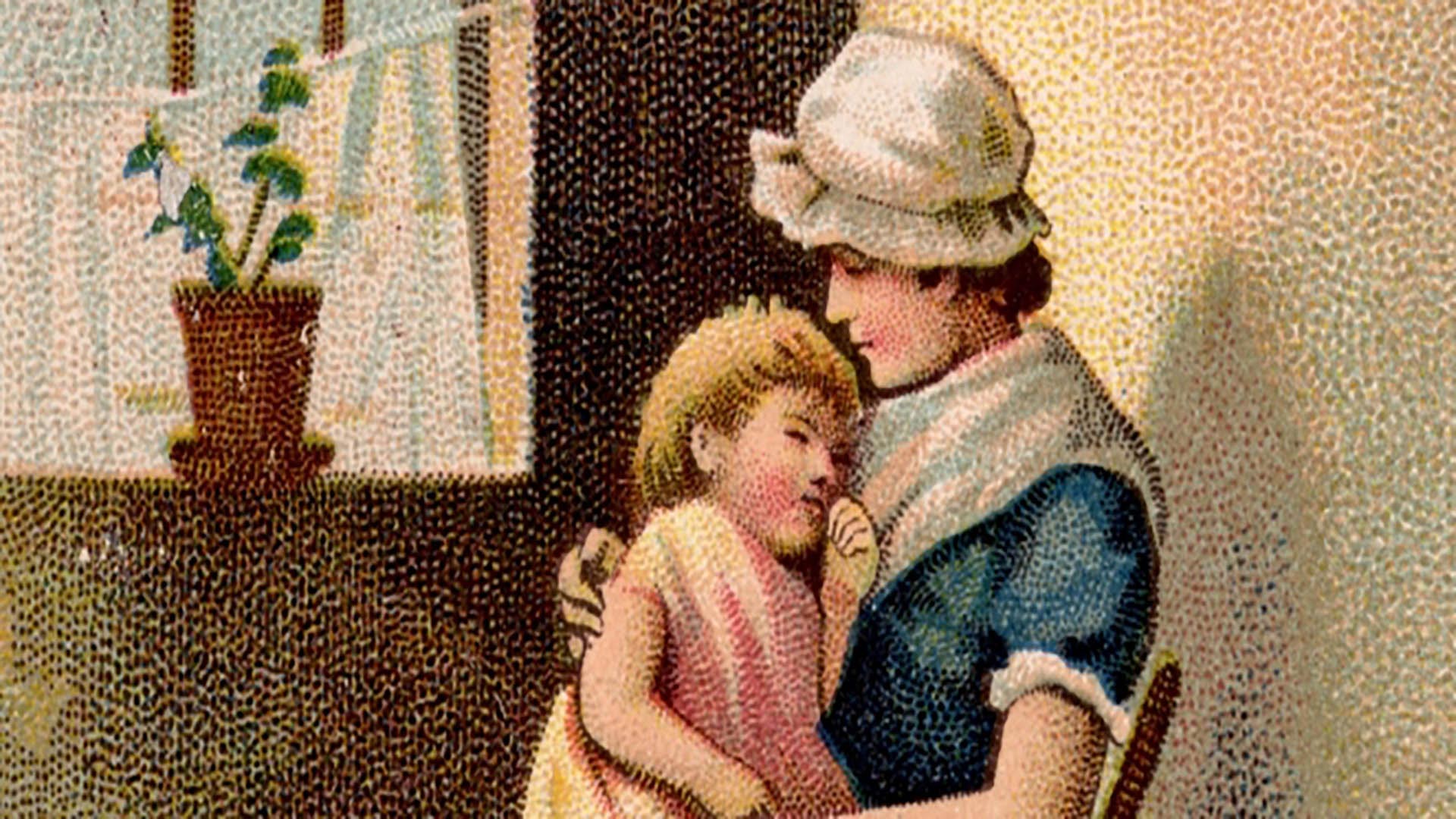 impressionist painting of a mother sitting by the window cradling a young girl