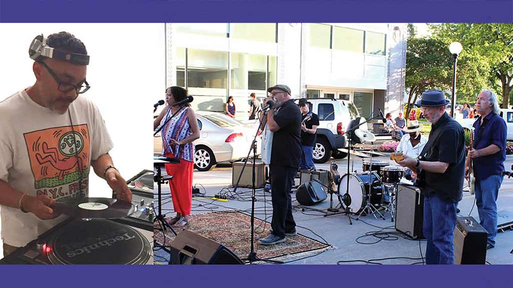 collage of a DJ and a band singing and playing on the street with guitars, drums, and a harmonica