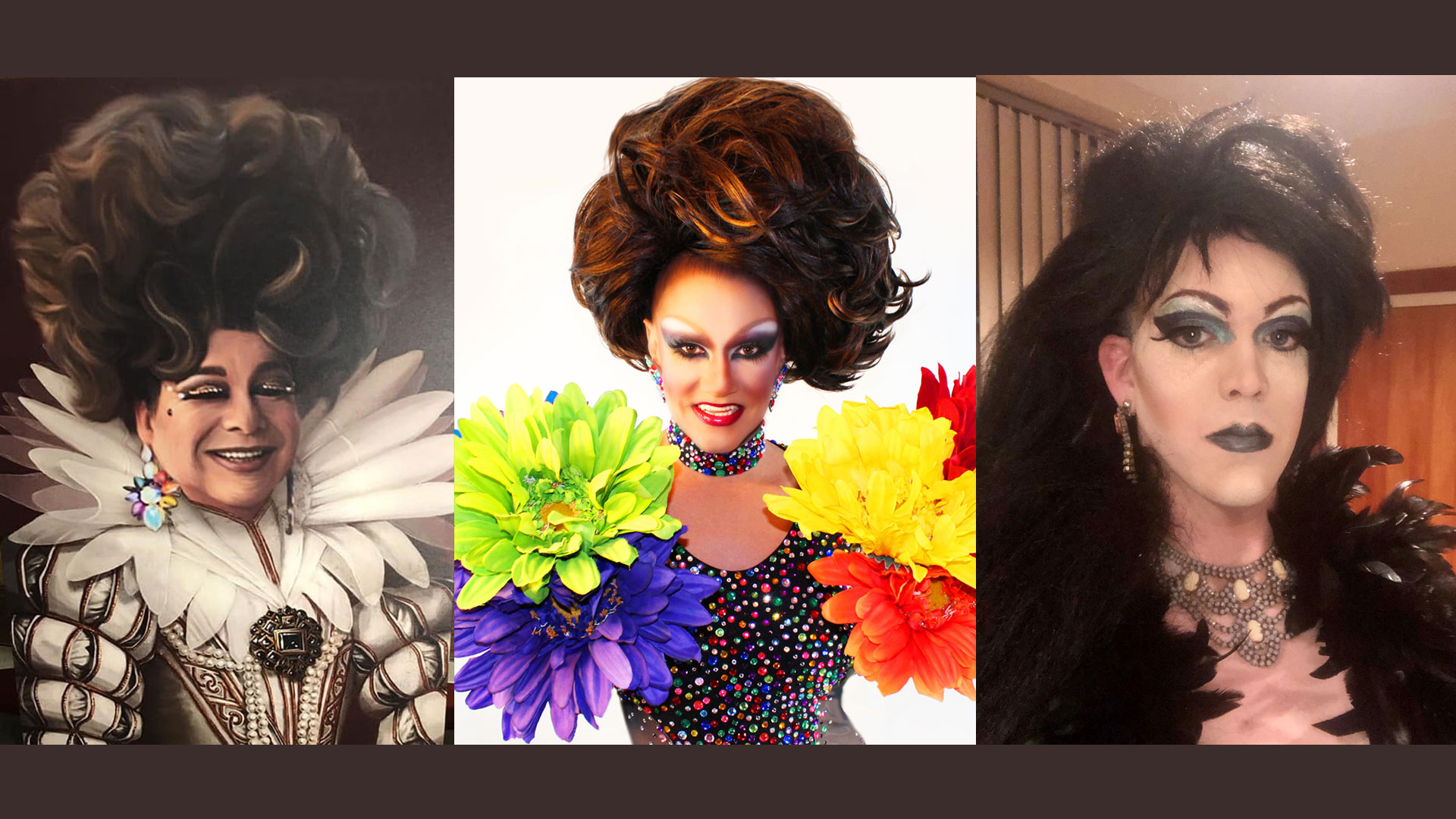 three drag queen headshots: renaissance style, carmen miranda style, and goth or hair band style