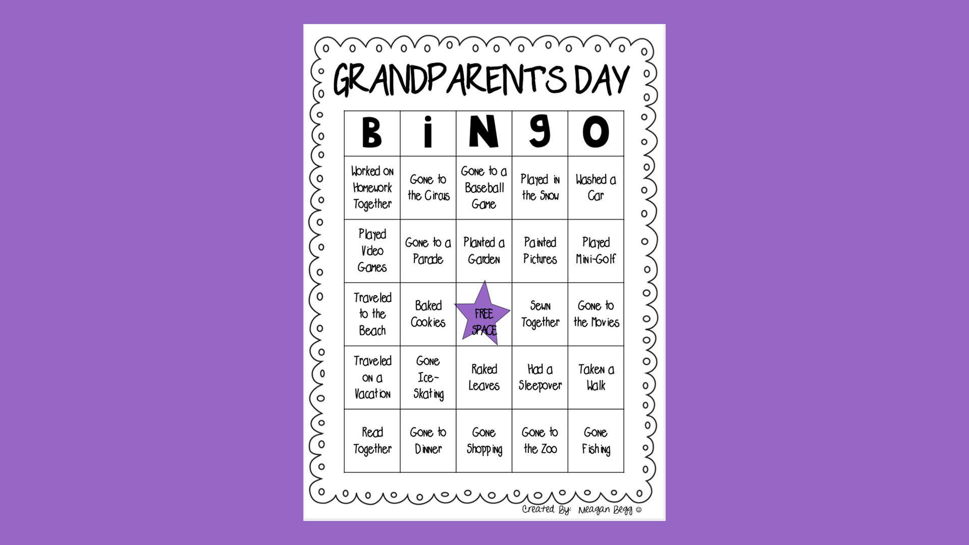 image of a grandparent's day themed bingo card with spaces describing different activities kids might do with their grandparents