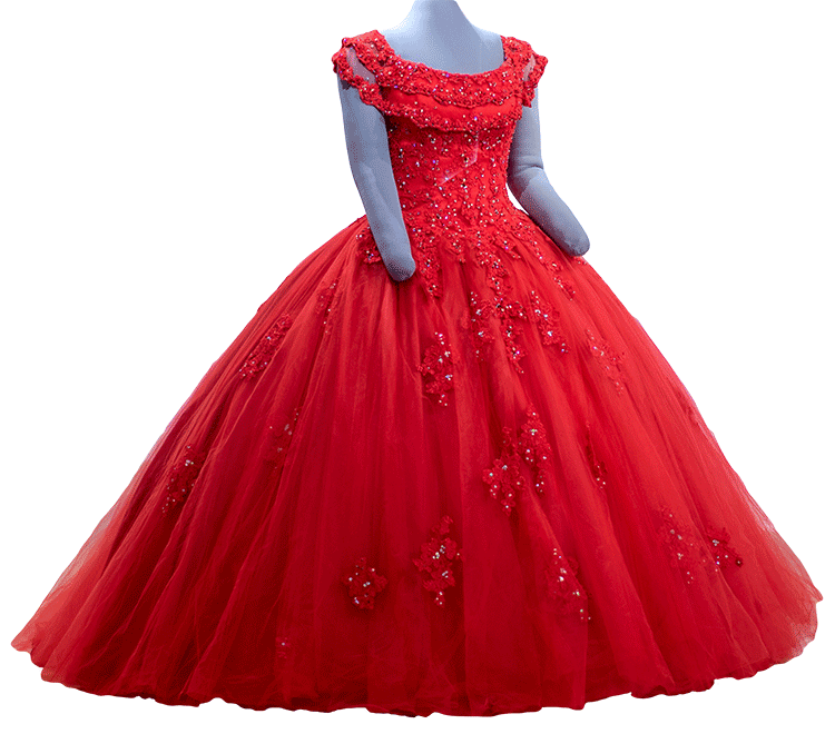 red ballgown with sparkly flower applique and wide flare dress bottom