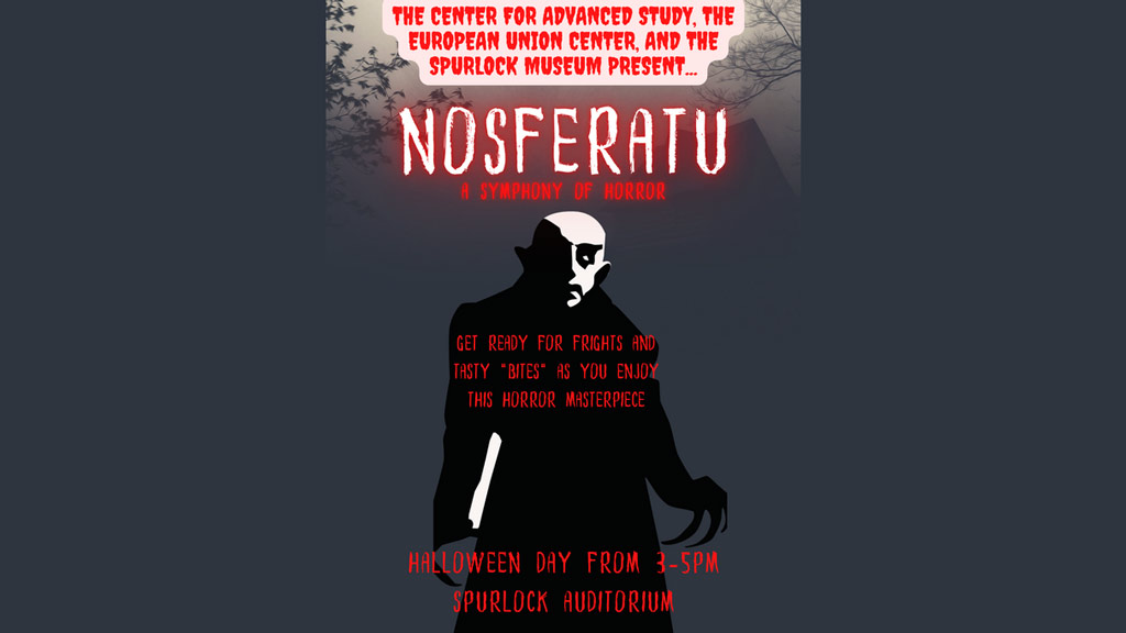 Depiction of a vampire on a dark gray background. Reads, "Nosferatu," in spooky red and white lettering. 