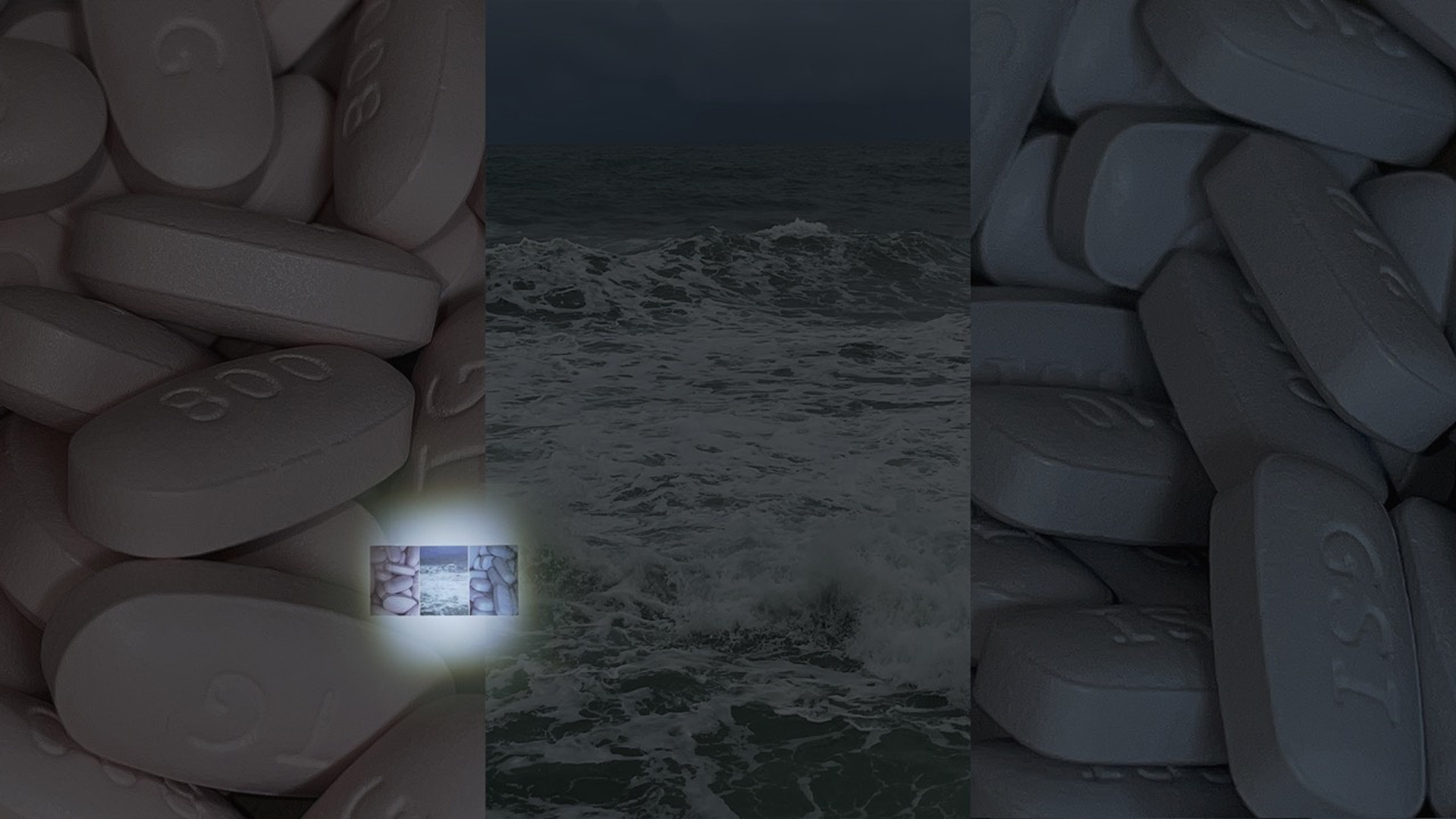 Collage of enlarged white pills and the ocean.