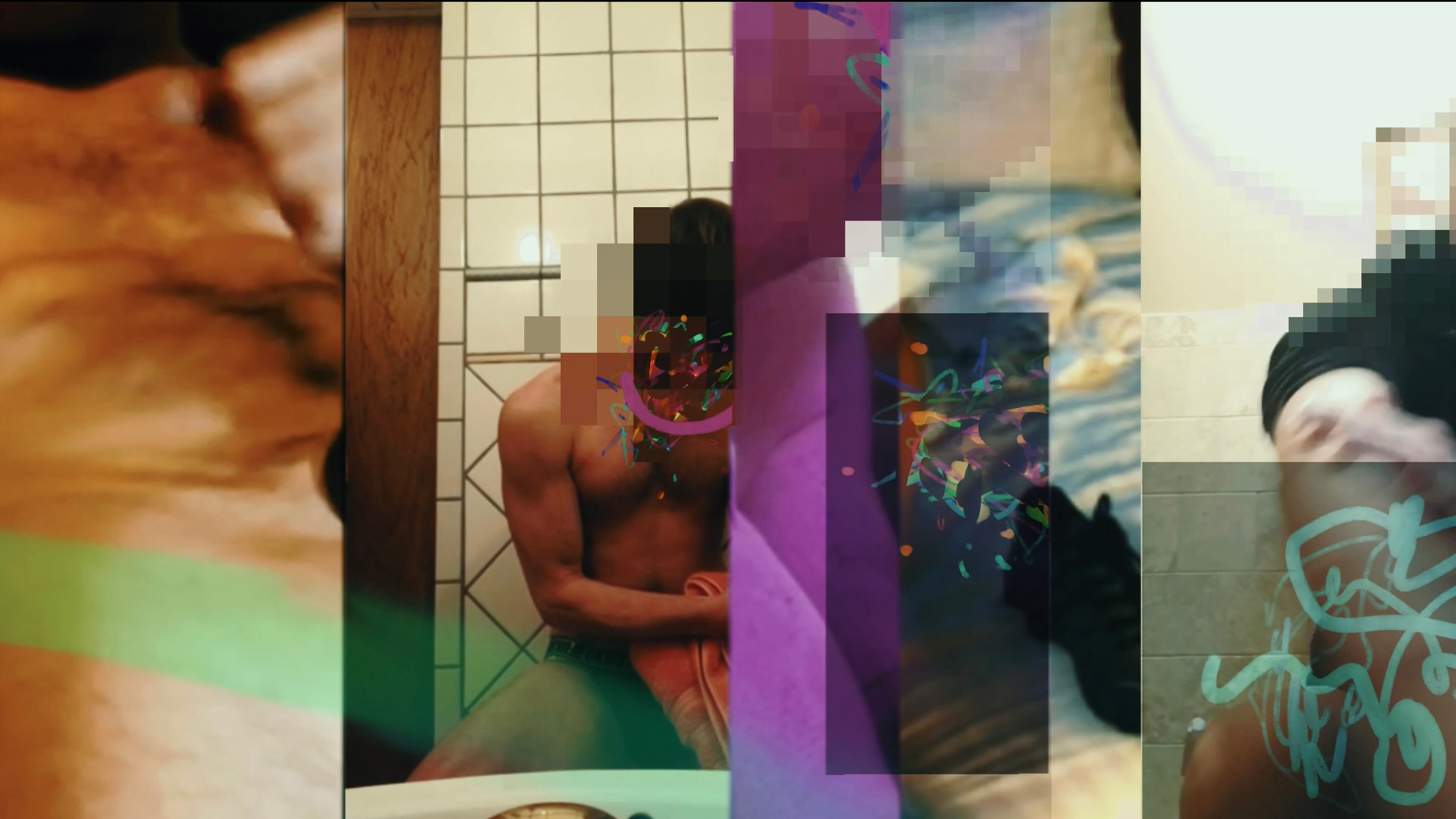 Abstract collage of bright colors and male abdomens.