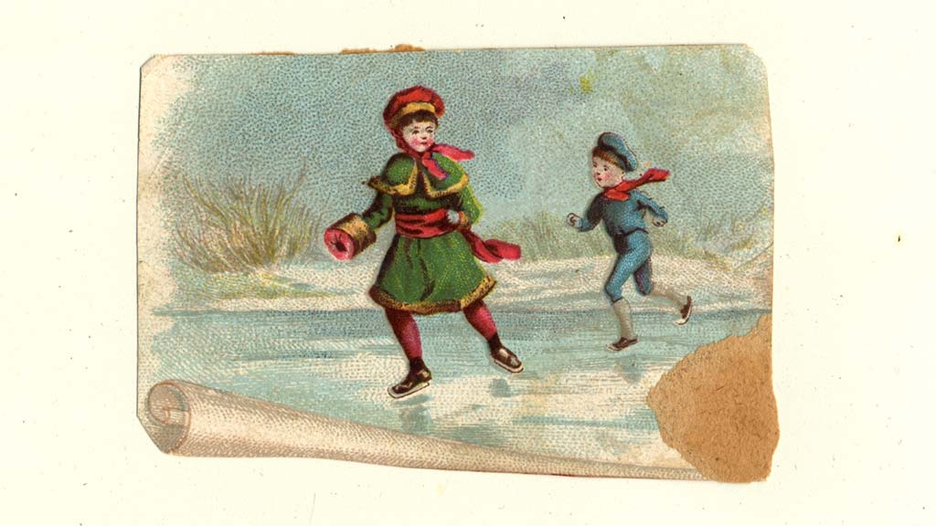 vintage greeting card with two children in victorian winter clothes skating on a wintery pond