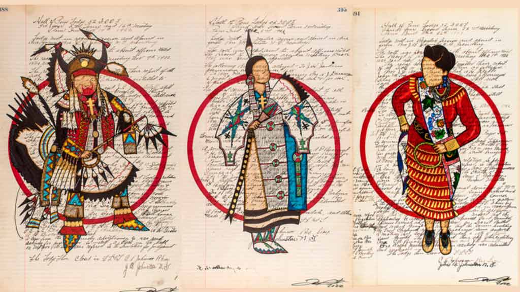 three stylized figures with american indian dance attire painted on handwritten paper ledgers