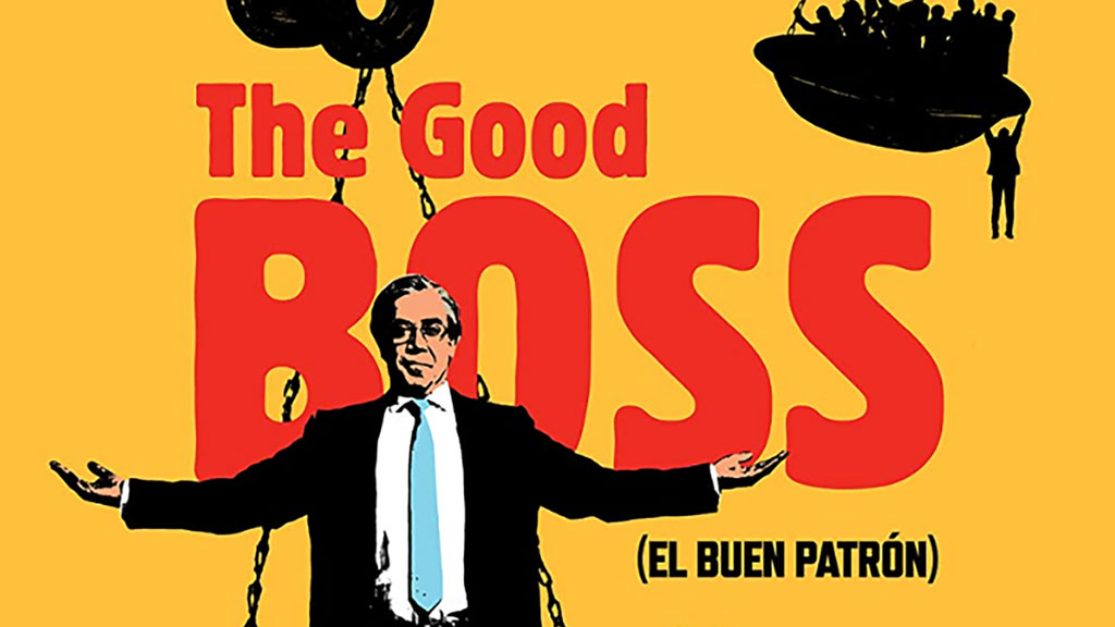 graphic of a man in a suit with his arms out with "the good boss" in red text behind him