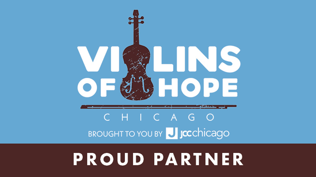 white text that says Violins of Hope with brown violin graphic on top of a blue background