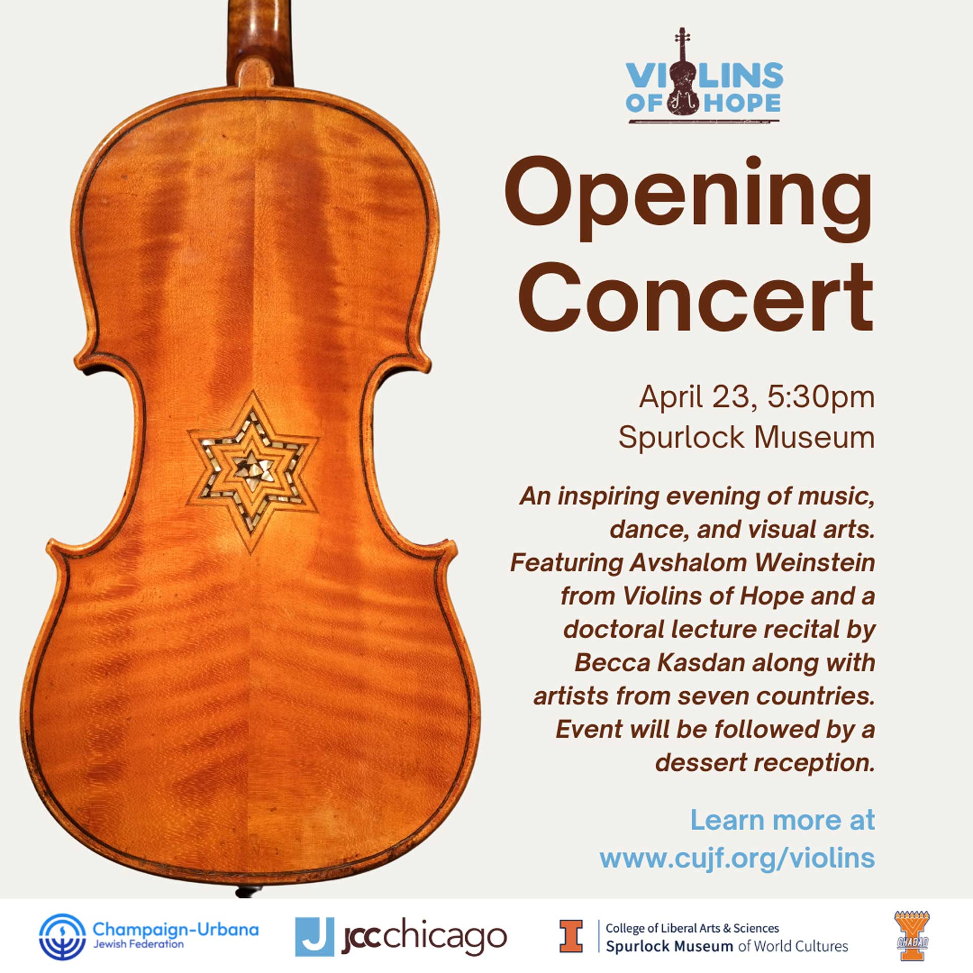 flyer with an image of a violin with the Star of David on it relaying information in event post