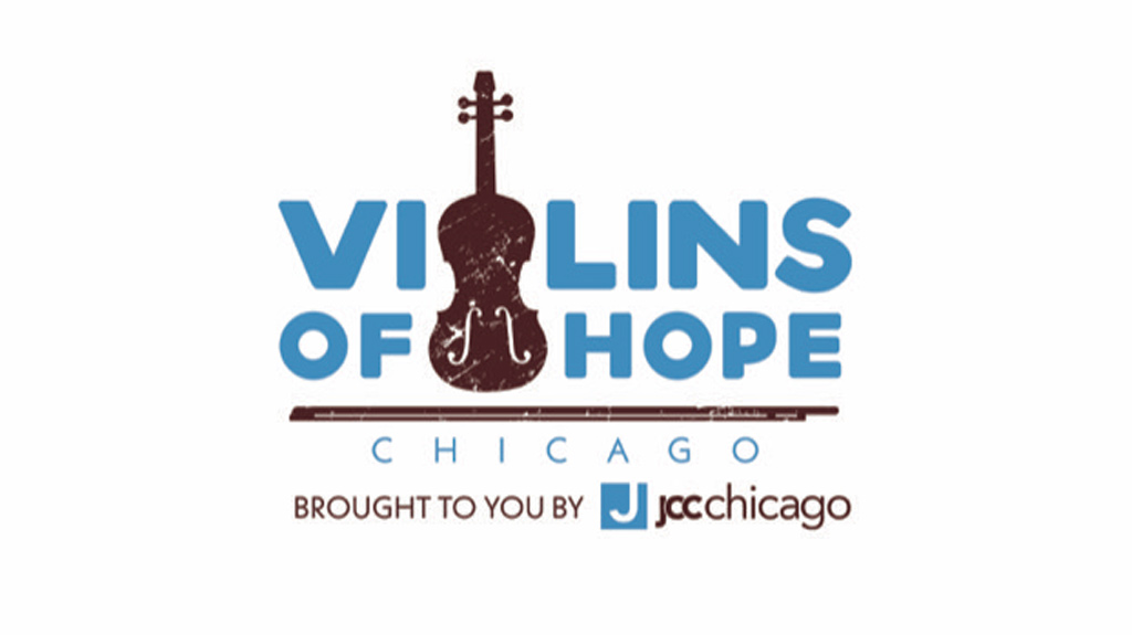blue text that says Violins of Hope with brown violin graphic on top of a white background
