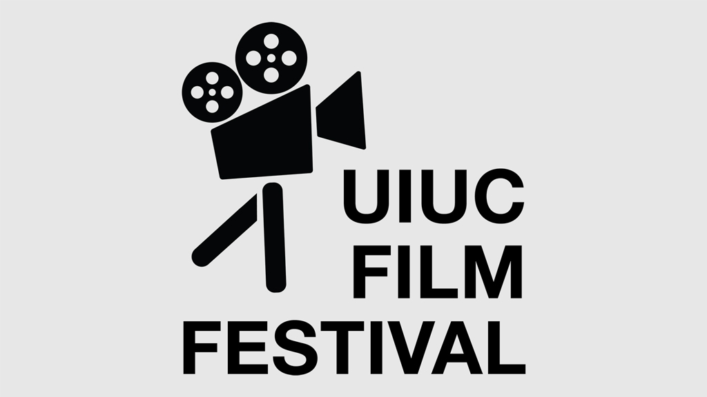 black graphic of an old-style film camera with the words "UIUC Film Festival" on a gray background